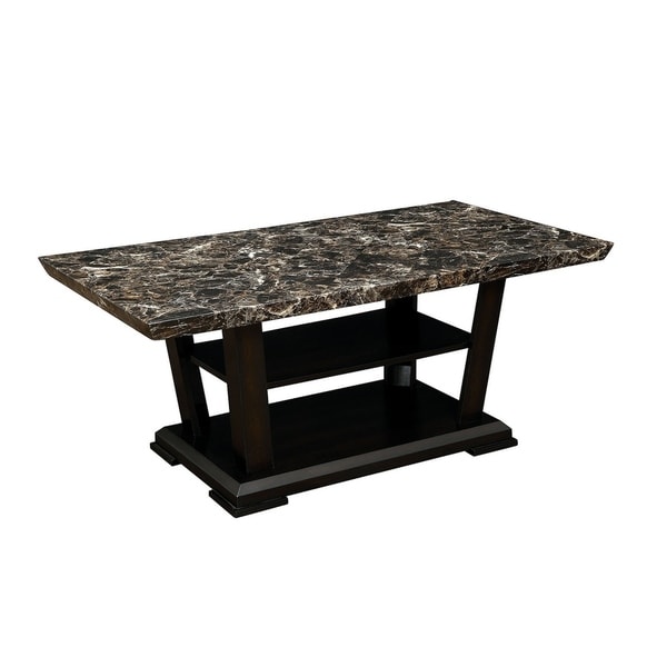 Wooden Coffee Table with Faux Marble Top, Dark Cherry Brown