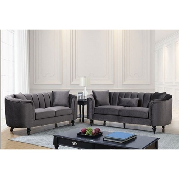 Zeila 2 Piece Clamshell Styled Sofa Set in Velvet-Like Fabric with Accent Pillow