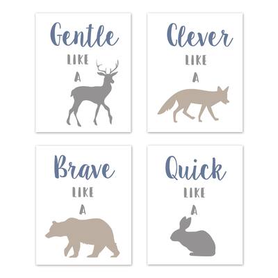 Sweet Jojo Designs Blue Grey Woodland Animals Collection Wall Decor Art Prints (Set of 4) - Gentle Clever Brave Quick