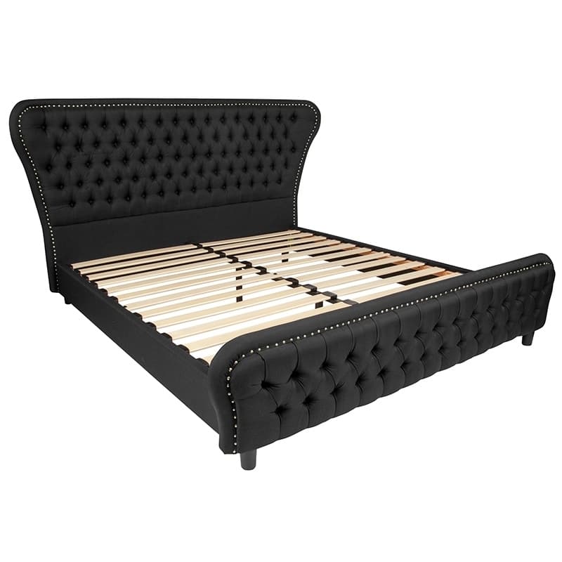 Abington King Size Black Button Tufted Platform Bed with Gold Nailhead trim