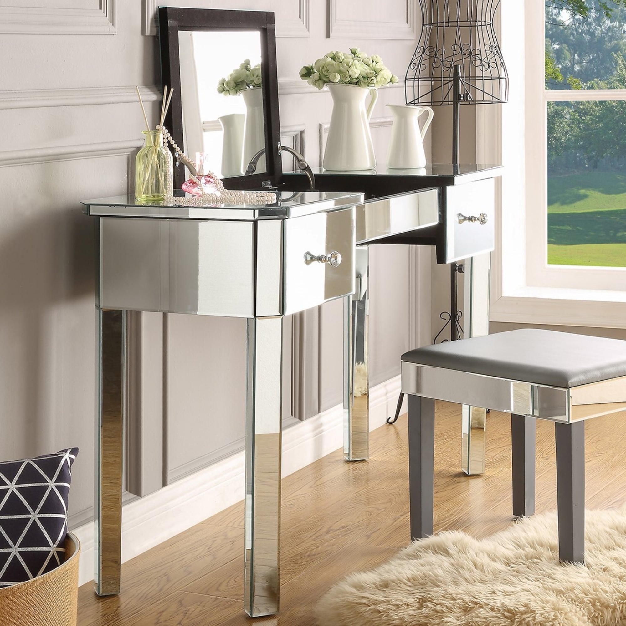 Addison Glam Mirrored Makeup Vanity Table Overstock 24122788