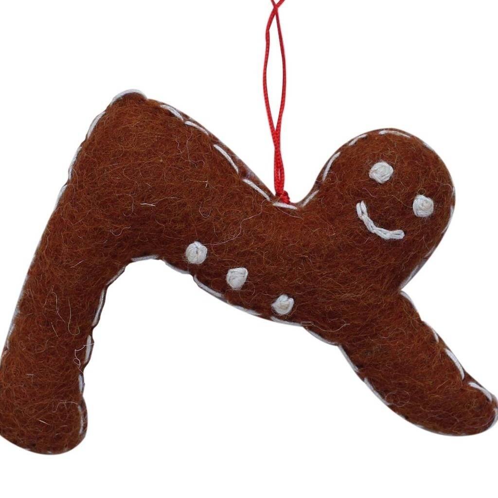 Handmade Gingerbread Yogi Felt Ornament - Downward Facing Dog Pose (Nepal)