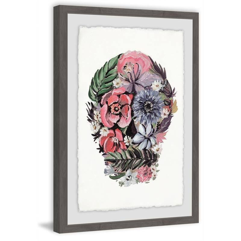 Flowers and Ferns Skull' Framed Painting Print - Multi-Color