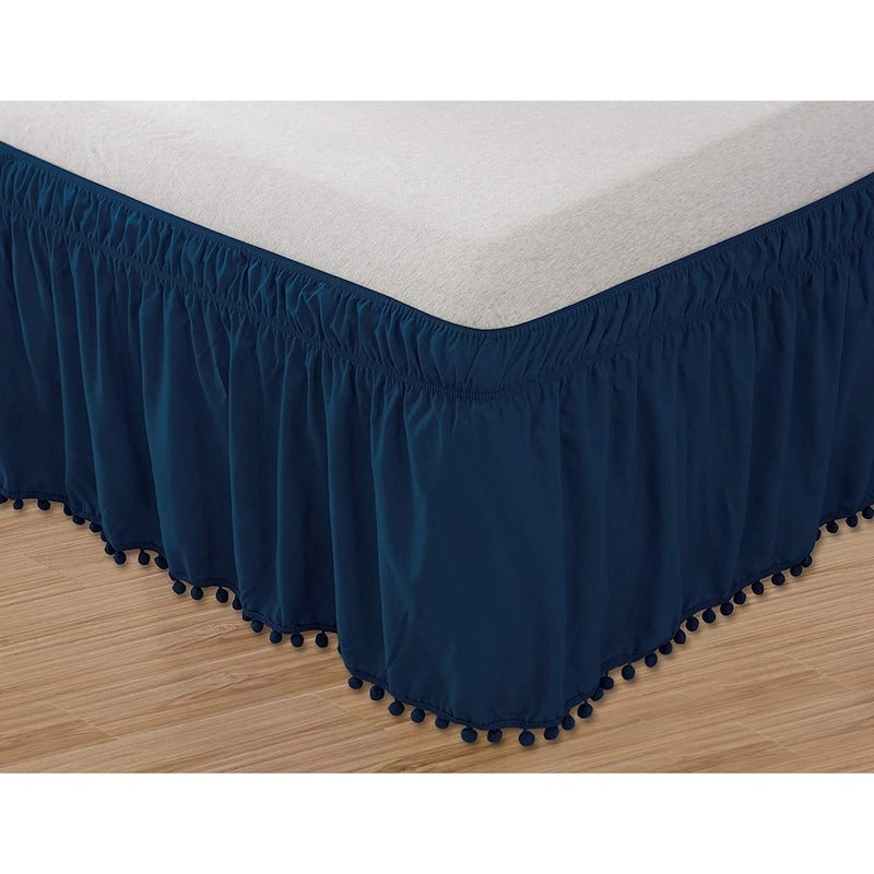 Elegant Comfort Luxury Pom Pom Bed Skirt - Twin/Full - Navy Blue