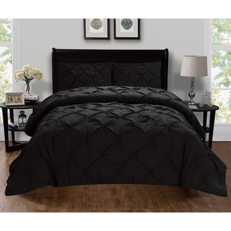 Elegant Comfort Luxury Super-Soft 3-Piece Pintuck Design Duvet Cover Set - Full - Queen - Black