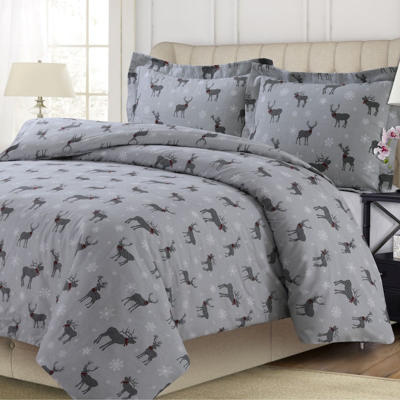 200-GSM Heavyweight Soft Flannel Printed Oversized Duvet Cover Set (Insert Excluded) - Queen - checkered buck