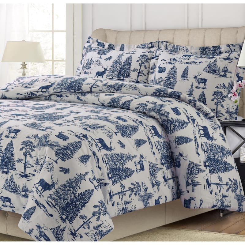 200-GSM Heavyweight Soft Flannel Printed Oversized Duvet Cover Set (Insert Excluded) - King - deer toile navy