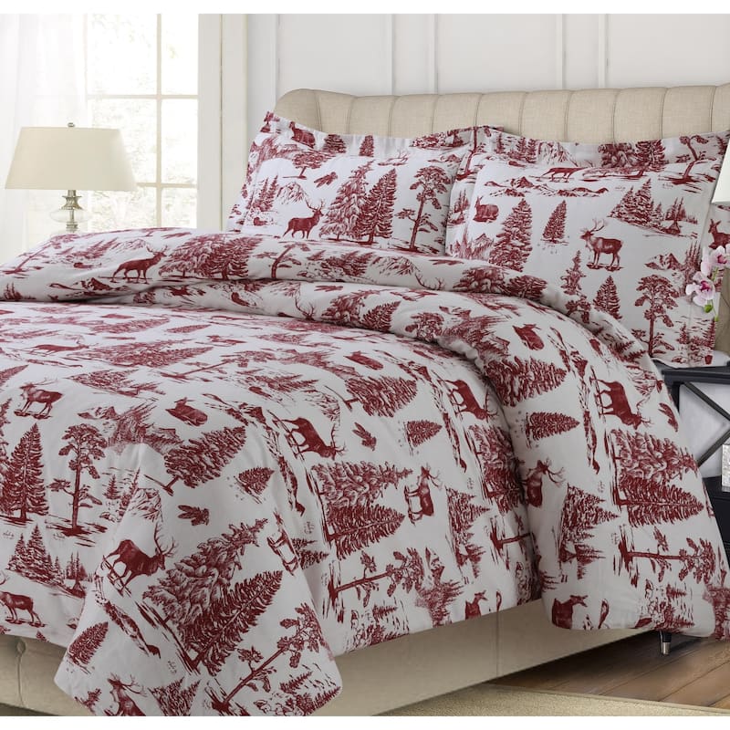 200-GSM Heavyweight Soft Flannel Printed Oversized Duvet Cover Set (Insert Excluded) - Queen - deer toile deep red
