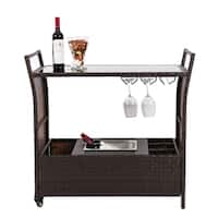 Kinbor Outdoor Wicker Bar Cart Patio Serving Cart w/ Wheels