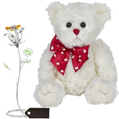 Matashi Rose Flower Gift Tabletop Ornament w Crystals, Best Lovable Gift Flowers (Bear & Flower Set, Silver) - 11 Inch