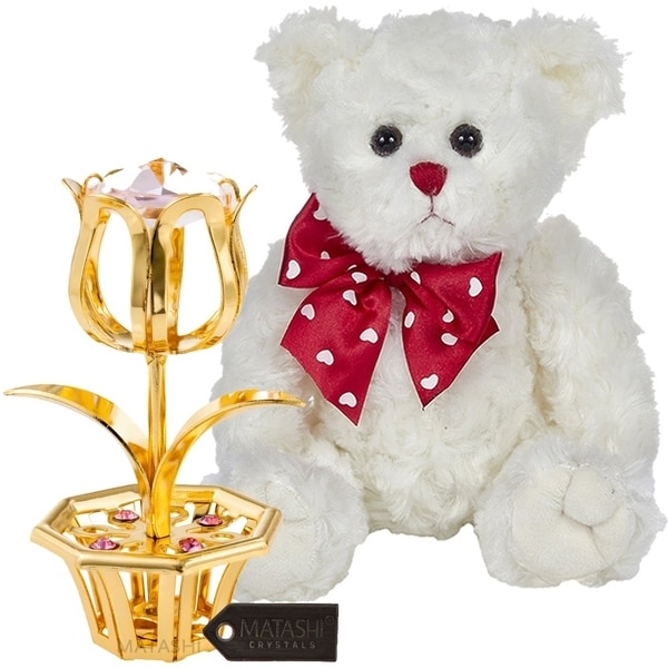 Matashi KTMTFLT71 Tulip Flower Table Top Ornament Crystals Decorative, Shiny Metal Artwork (Gold, Bear Set - Pink)