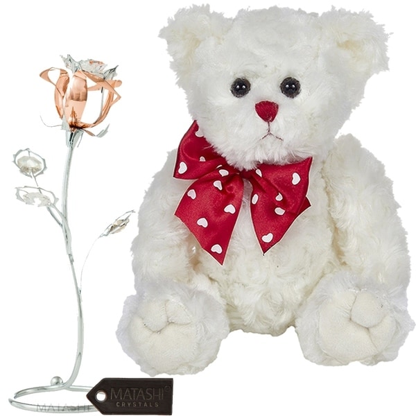 Matashi KTMTFLT48 Rose Flower Gift Tabletop Ornament w Crystals, Best Romantic (Bear & Flower Set, Rose Gold - Medium) - 11 Inch