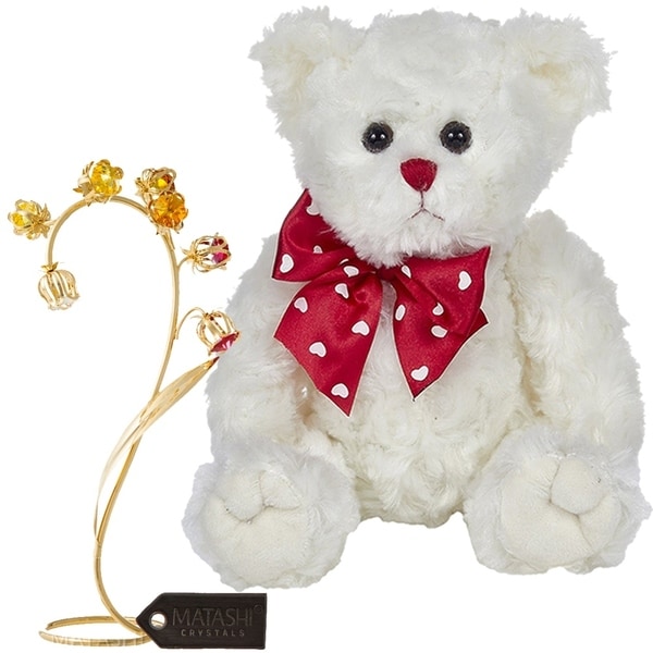 Matashi KTMTFLT61 Bearington Lil' Lovable 11" Plush Stuffed Animal Teddy Bear, 24k Gold Plated Crystal Flower (White) - 11 Inch