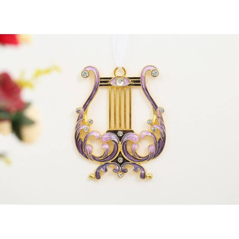Traditional Ancient Harp Hanging Ornament (Pewter) Classic Wall Decor Hand-Painted Purple, Lavender and Gold