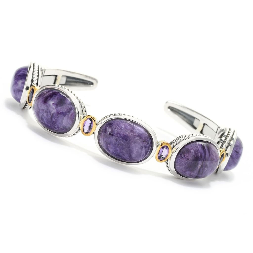 Sterling Silver 16 x 12mm Charoite & Amethyst Cuff Bracelet