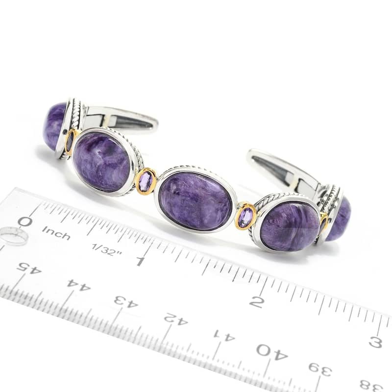 Sterling Silver 16 x 12mm Charoite & Amethyst Cuff Bracelet