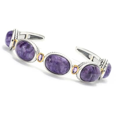 Sterling Silver 16 x 12mm Charoite & Amethyst Cuff Bracelet