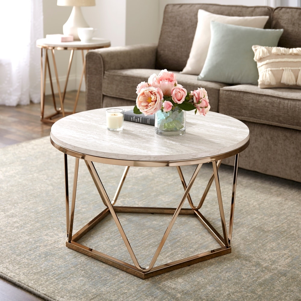 Silver Orchid Henderson Faux Stone Goldtone Round Coffee Table