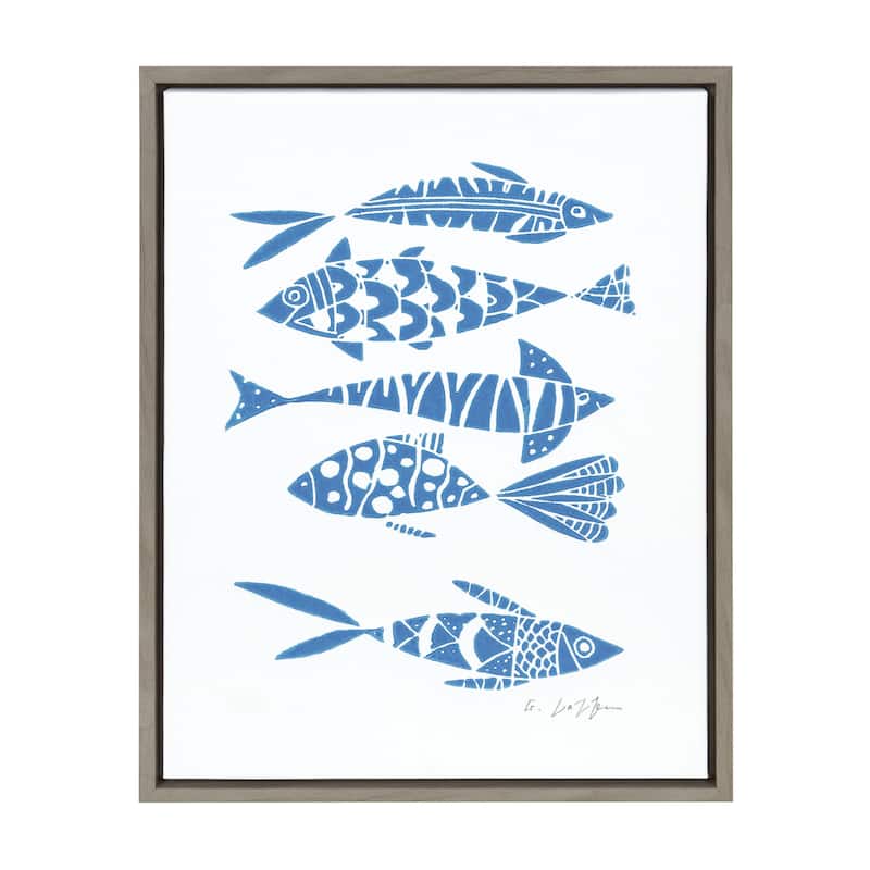 Kate and Laurel Sylvie Fishes Blue Framed Canvas by Giuliana Lazzerini - 18x24 - Plastic - Grey