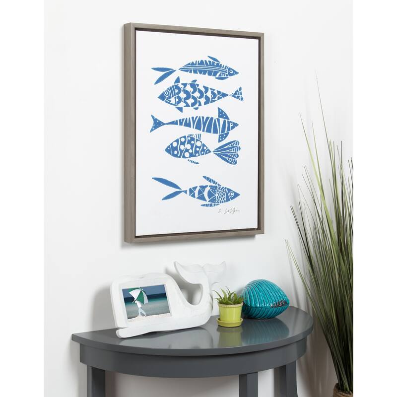 Kate and Laurel Sylvie Fishes Blue Framed Canvas by Giuliana Lazzerini