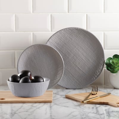 Dinnerset 12Pcs Grey Linen Embossed