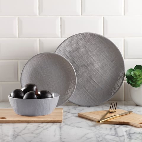 Dinnerset 12Pcs Grey Linen Embossed