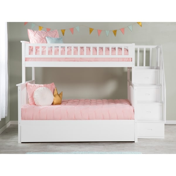Columbia Staircase Bunk Bed Twin over Full with Twin Size Urban Trundle Bed in White