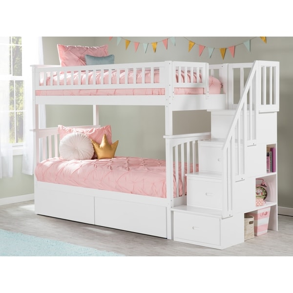 Columbia Staircase Bunk Bed Twin over Twin with 2 Urban Bed Drawers in White