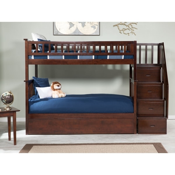 Columbia Staircase Bunk Bed Twin over Twin with Twin Size Urban Trundle Bed in Walnut