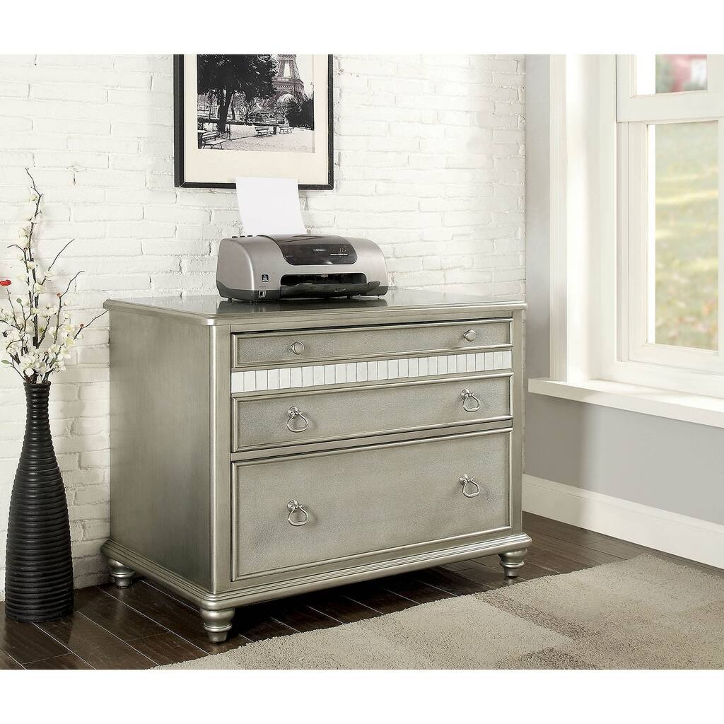 Spacious Wooden File Cabinet with Mirrored Trim Accents, Silver