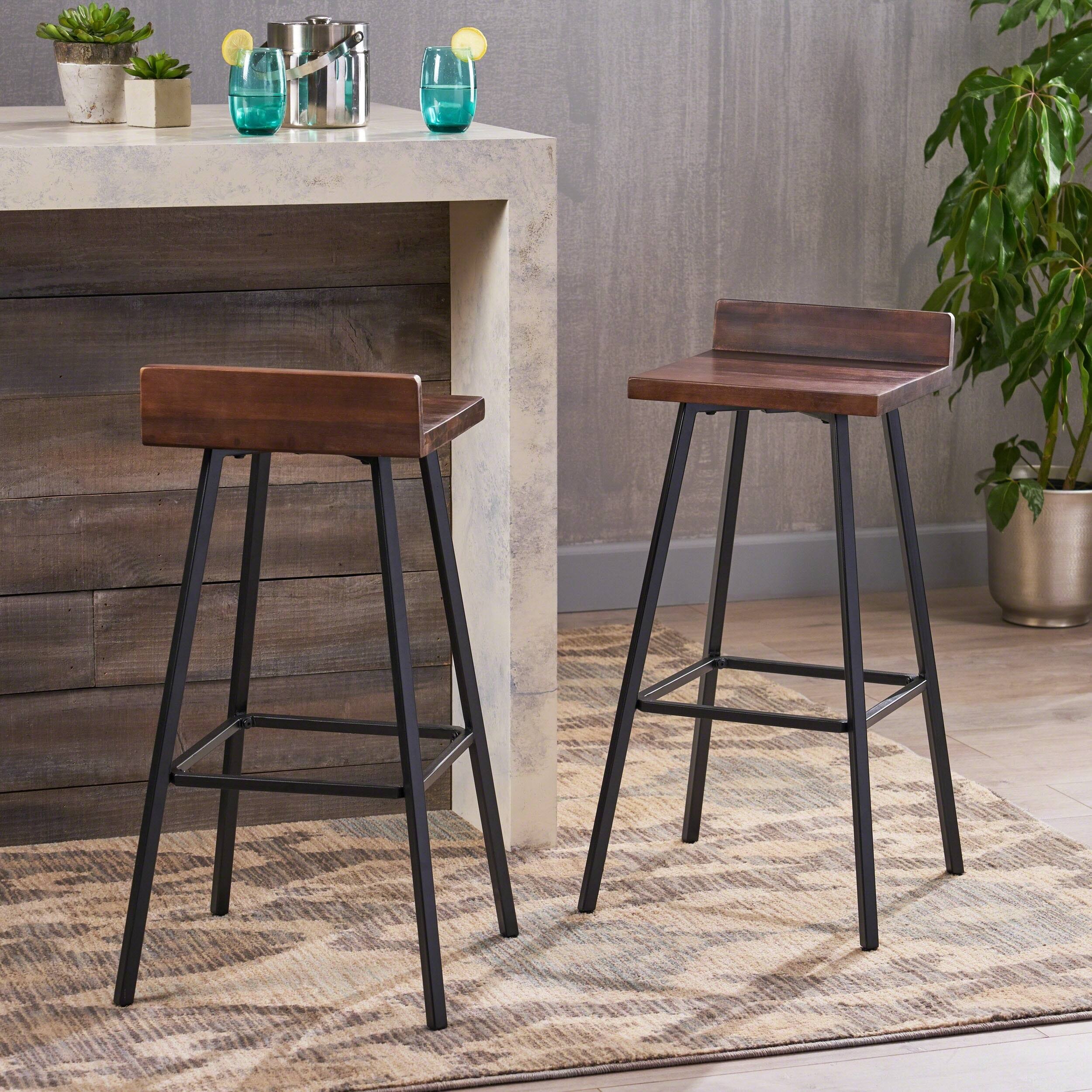 Bidwell Contemporary Indoor Acacia Wood Bar Stools Set Of 2