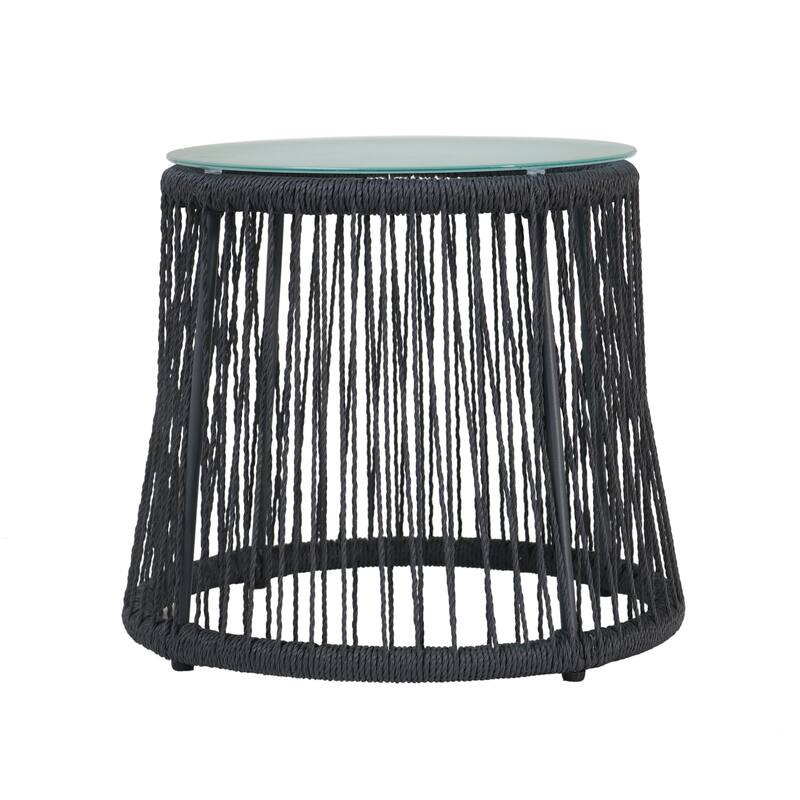 Southport Outdoor Steel and Rope Side Table with Tempered Glass Table Top by Christopher Knight Home - gray