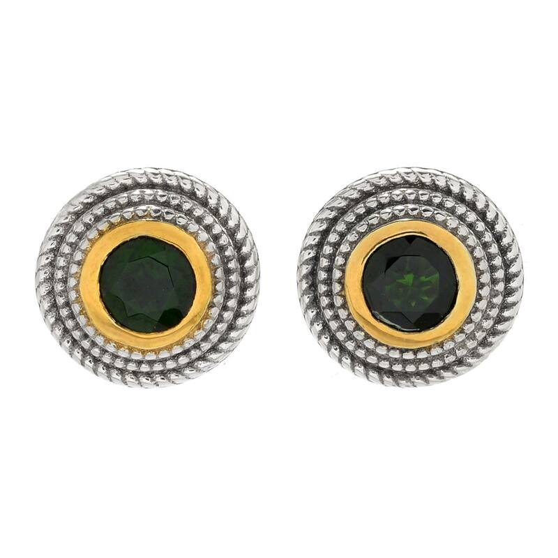 Sterling Silver Round Chrome Diopside Triple Rope Halo Stud Earrings