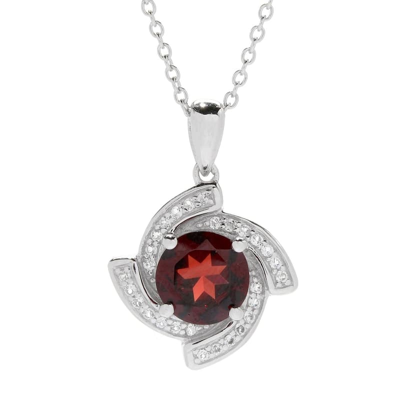 Sterling Silver Red Garnet & White Topaz Twist Halo Pendant w/ 18" Chain
