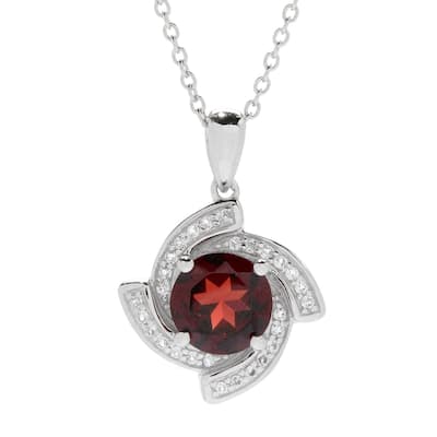 Sterling Silver Red Garnet & White Topaz Twist Halo Pendant w/ 18" Chain