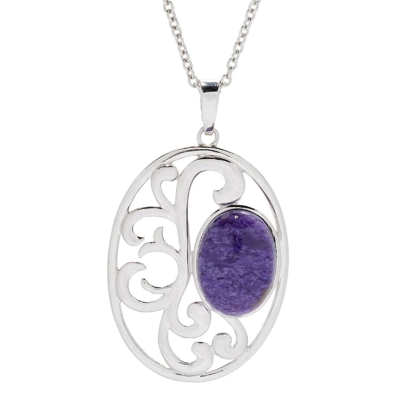 Sterling Silver 18 x 13mm charoite Oval Openwork Enhancer Pendant w/ 30" Chain