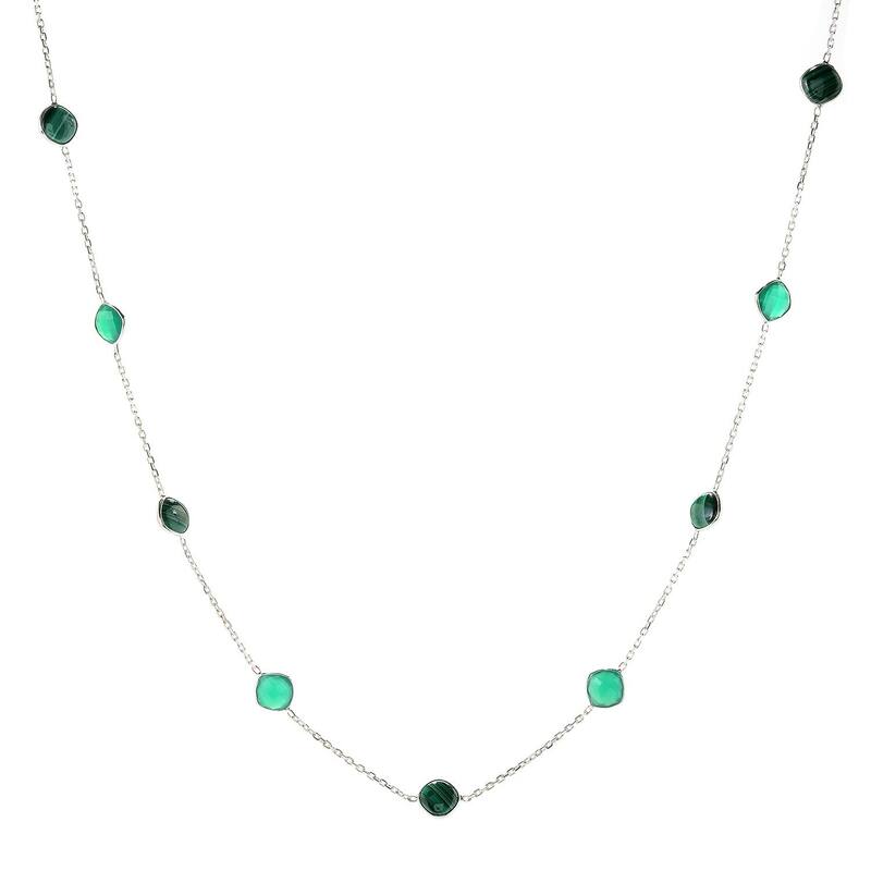 Sterling Silver 36" 10mm Cushion Shaped Malachite Station Necklace