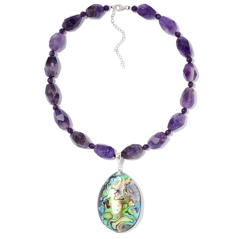 Sterling Silver 55 x 10mm Abalone Shell Enhancer Pendant w/ 18" Amethyst Necklace