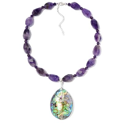 Sterling Silver 55 x 10mm Abalone Shell Enhancer Pendant w/ 18" Amethyst Necklace