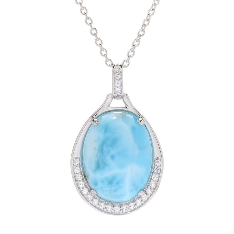 Pinctore Sterling Silver 20 x 15mm Larimar & White Topaz Pendant w/ 18" Chain