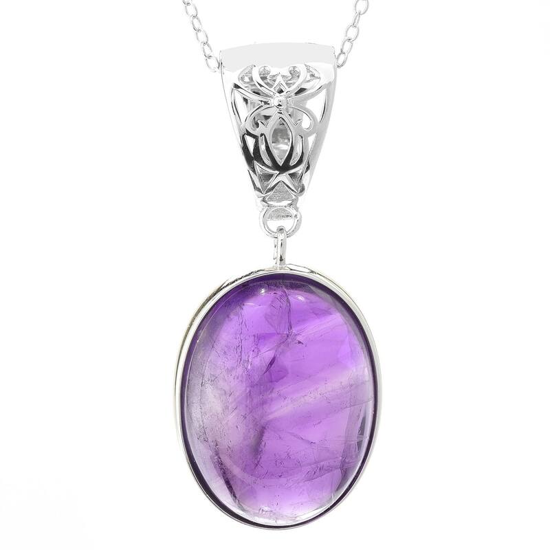 Sterling Silver 20 x 15mm Oval African Amethyst Enhancer Pendant w/ 18" Chain