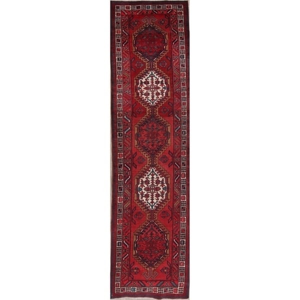Vintage Handmade Wool Red Geometric Meshkin Persian Rug - 12'1" x 3'1" runner