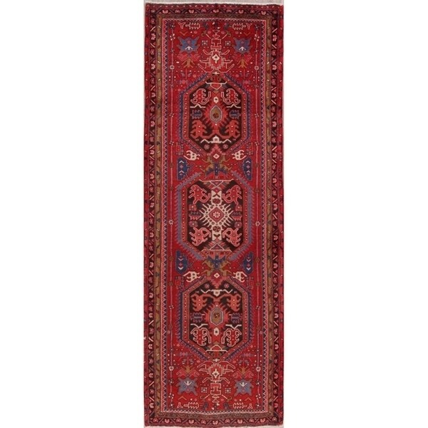 Hand Knotted Vintage Geometric Heriz Persian Wool Rug - 10'8" x 3'6" runner