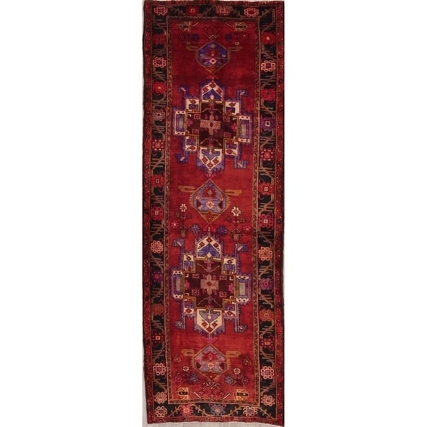 Handmade Red Geometric Tribal Heriz Persian Vintage Woolen Rug - 11'0" x 3'8" runner