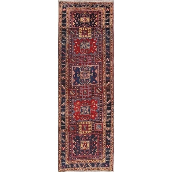 Hand Knotted Geometric Heriz Vintage Persian Woolen Rug - 10'11" x 3'7" runner