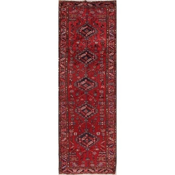 Vintage Handmade Red Geometric Heriz Persian Rug - 11'1" x 3'9" runner