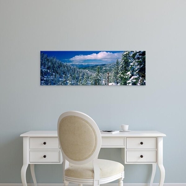 Easy Art Prints Panoramic Images's 'Snow covered pine trees in a forest with lake, Lake Tahoe, California' Canvas Art