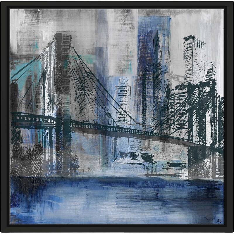 "Brooklyn Bridge" by Susan Jill Print on Canvas in Floating Frame - Blue
