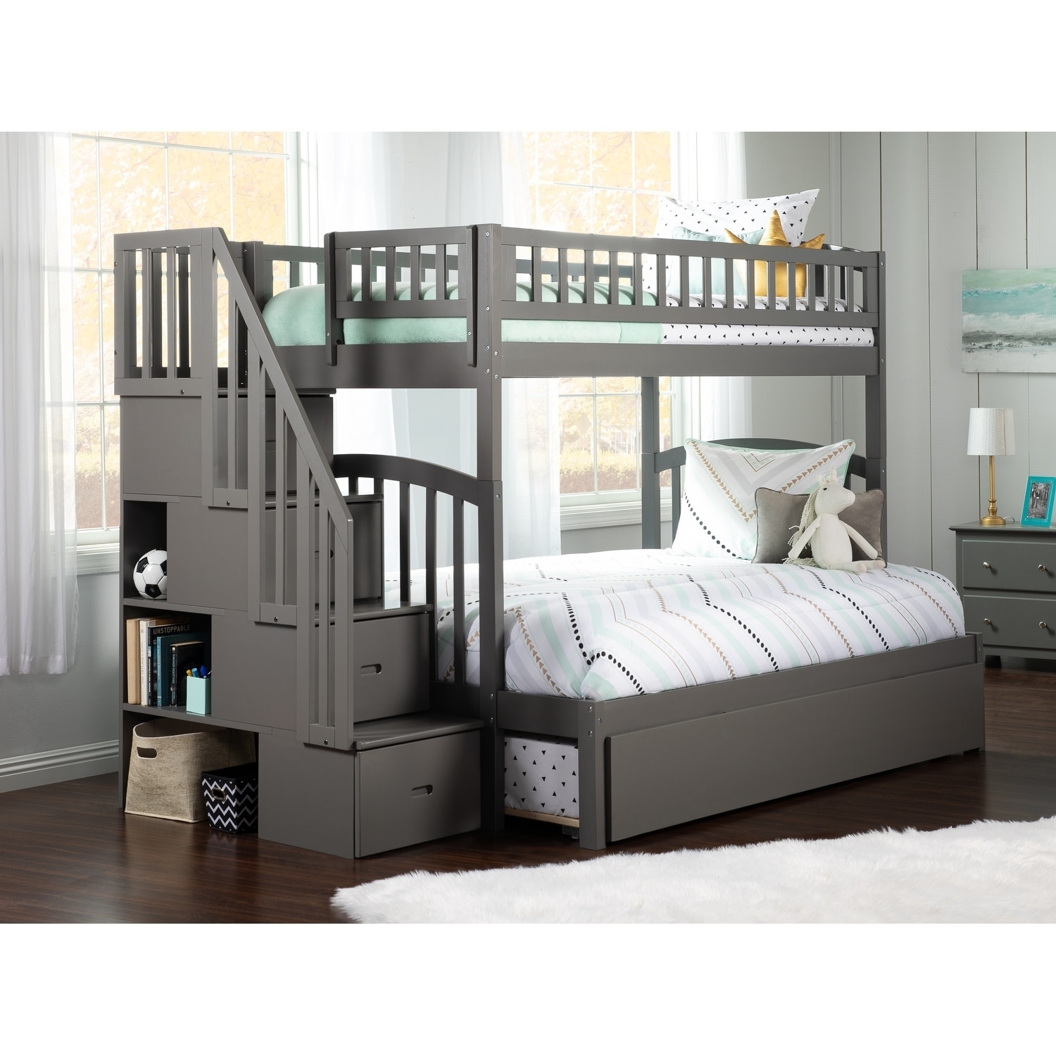bunk bed with stairs and trundle