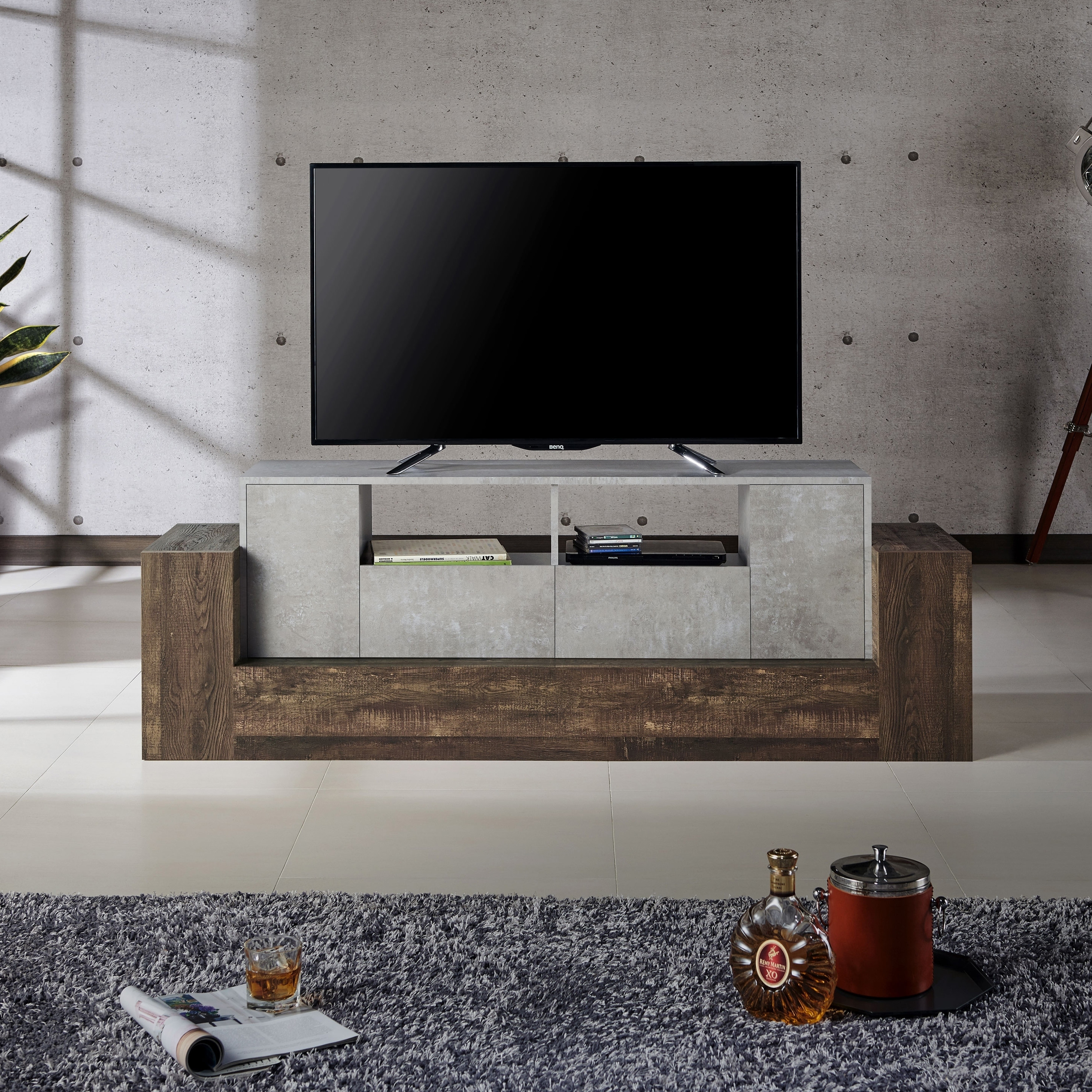 Furniture of America Geso Industrial Oak and Light Grey 71-inch 4-Shelf TV Console